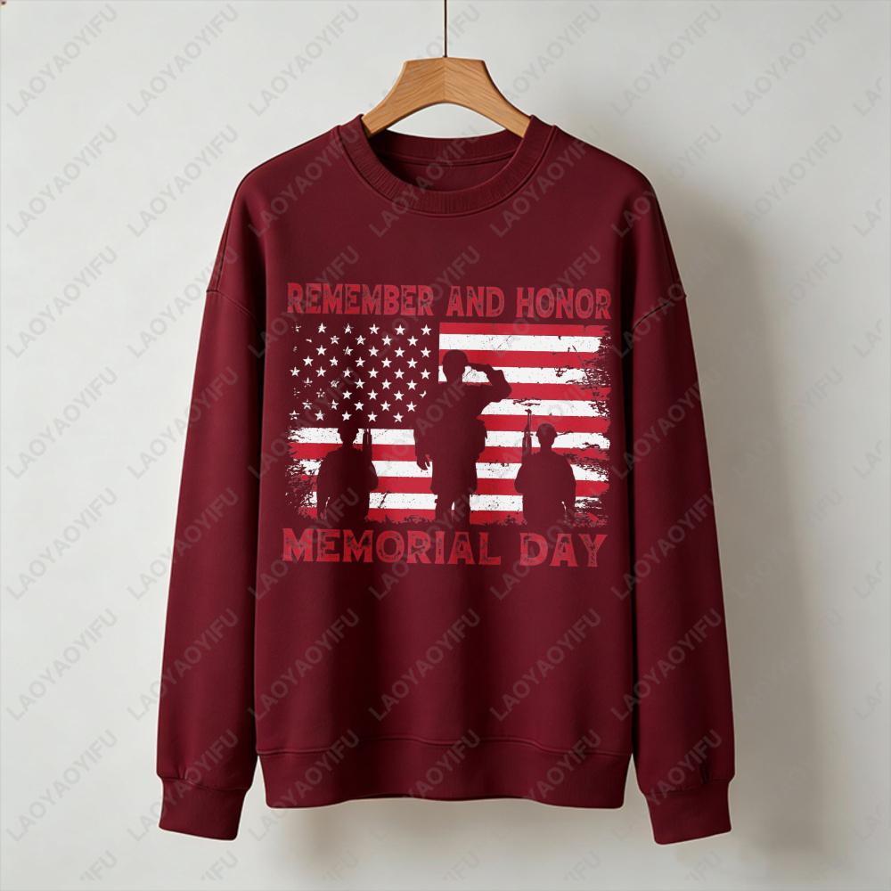 Remember and Honor Memorial Day Sweatshirt Men Women Crewneck Long Sleeve Pullover Patriotic Military Veteran Flag Gift Tops