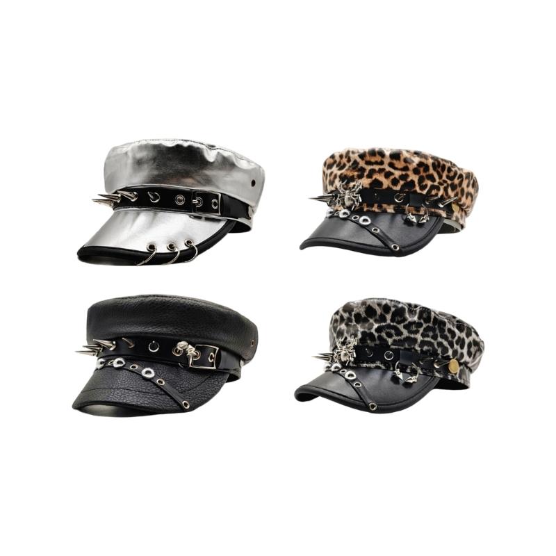 Elegant PU Leather Beret Hat with Rivet Studded Hat Belt for Fashion Comfortable Wear for Autumn Winter Punk Headwear