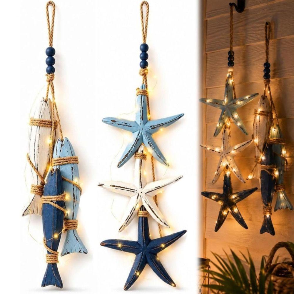 Hanging Lighted Wooden Fish Wall Decor Mediterranean Decorative Starfish  Restaurant Wall Art