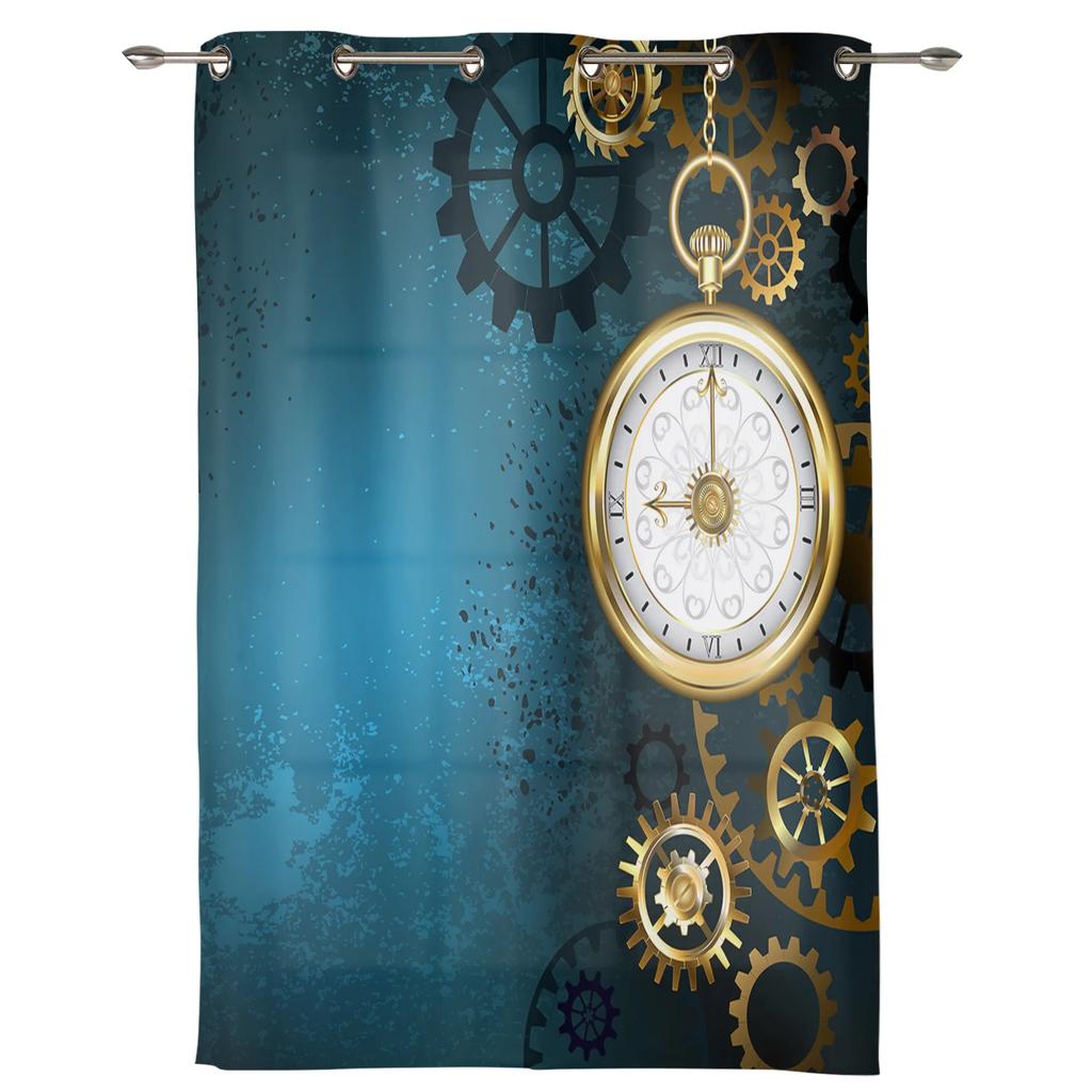 Retro Mechanical Gear Clock Blue Hall Curtains Living Room Kitchen Boy Girl Bedroom Long Window Curtain Cortinas Home Decor Polyester Ideal For