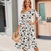 3/4 Sleeve Women's Dress Casual Flowy A-Line Midi Tshirt Dresses With Pockets Crewneck Vocation Boho Beach Sundress