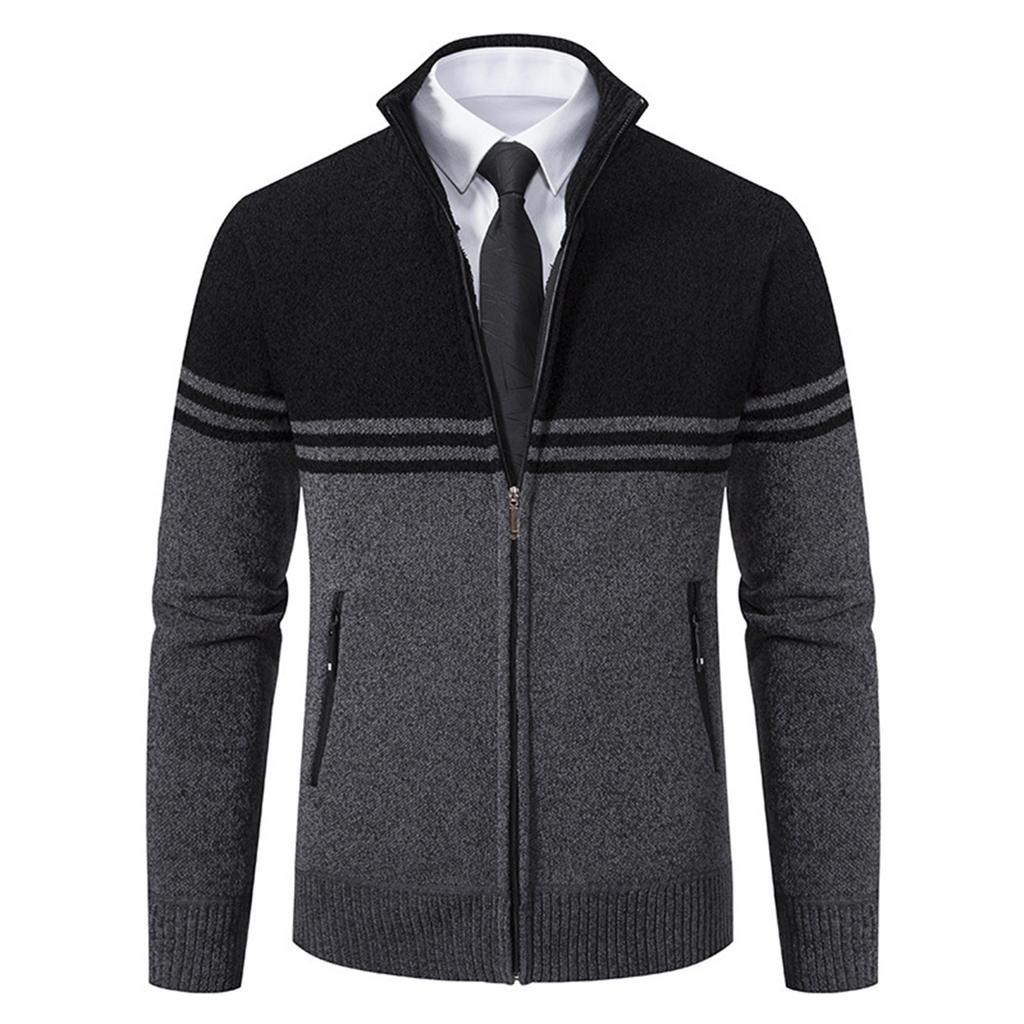 Men's Stand Collar Velvet Sweater Thick Long Sleeve Fashion Sweater Casual Business Cardigan Jacket