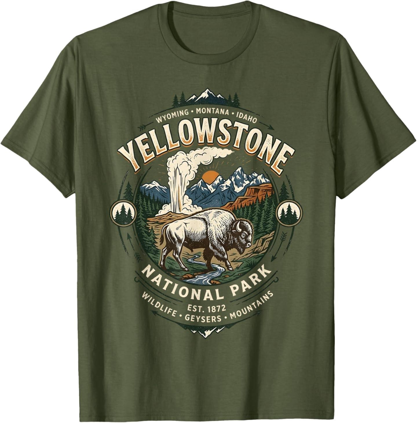 Yellowstone National Park Vintage Bison and Geyser Emblem T-Shirt Unisex T-Shirt L