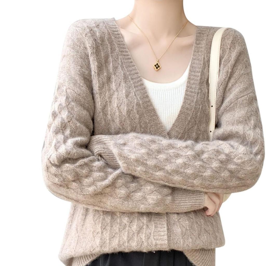 Women's 100% Pure Wool V-Neck Cardigan: Autumn/Winter Loose Knit Sweater Coat