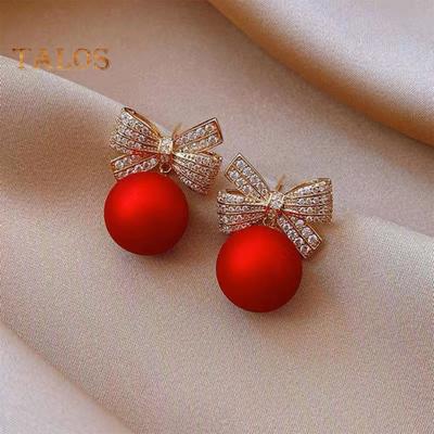 1 Paire Boucles d'Oreilles Femme Nœud Strass Boucles d'Oreilles Puces Fausse Perle Rouge Cadeau Nouvel An