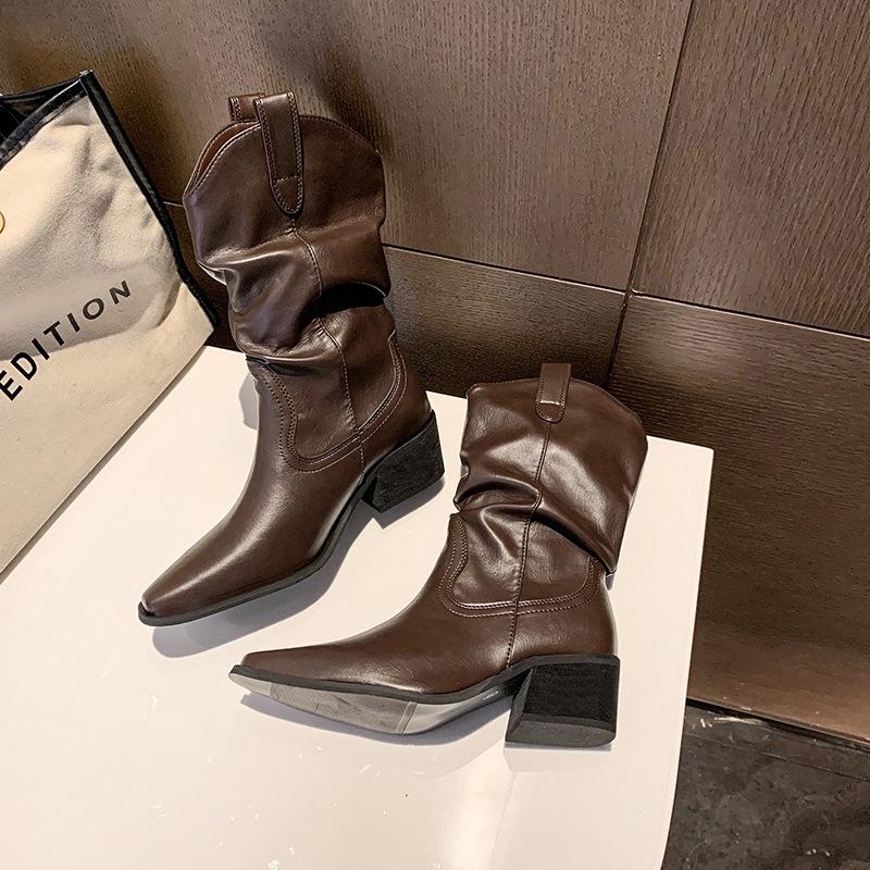 

Модные повседневные ботинки Мартин на толстом каблуке, женские осенне-зимние новые длинные ботинки на толстой подошве, удобные рыцарские ботинки с острым носком, полусапожки 40 коричневый