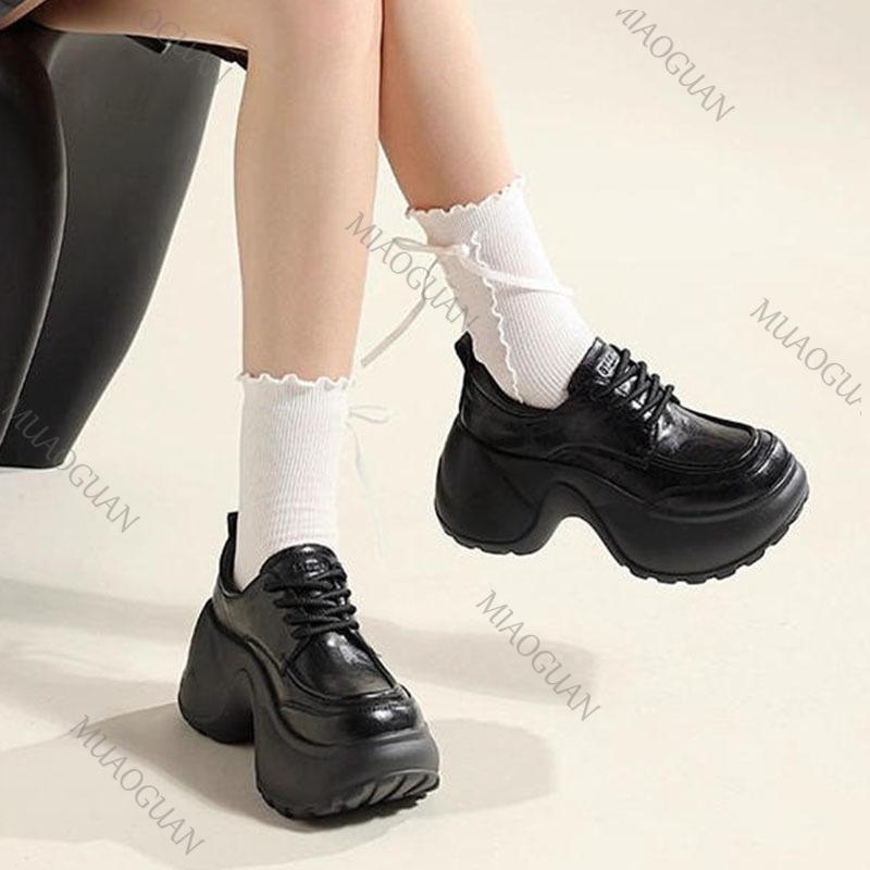 Fashion Retro Thick Bottom Heightening Mary Jane Shoes Spring Autumn Women Lace Up Chunky High Heeled Loafers Black Brown Fashion Pumps