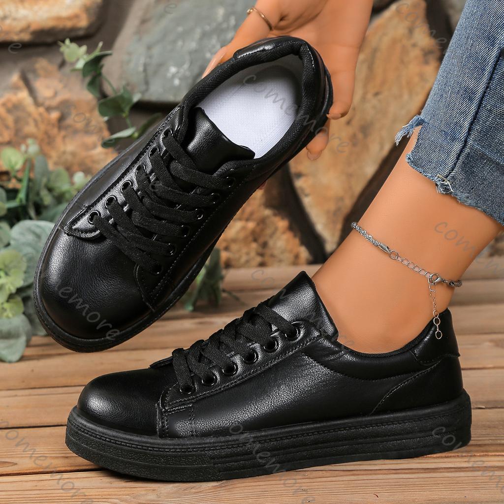 Fashion Comemore 2025 Women Spring Autumn Casual White Board Shoes Lace Up Flat Bottom Sneakers for Women Leather Platform Sneaker Shoes