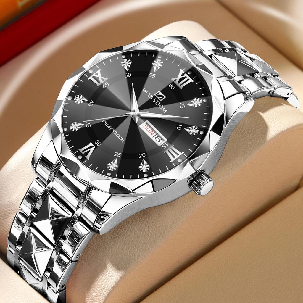 VA VA VOOM Luxury Men’s Quartz Watches Man 30m Waterproof Luminous Date Week Stainless Steel Men Watch Casual Sports Women Quartz Watches Male Clock