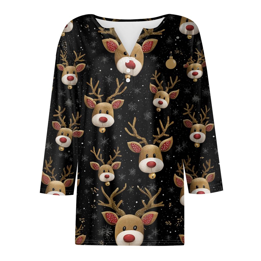 Damenmode Lässig Halloween Bedruckt V-Ausschnitt Kurzarm Zierknopf Dreiviertelarm T-Shirt Top