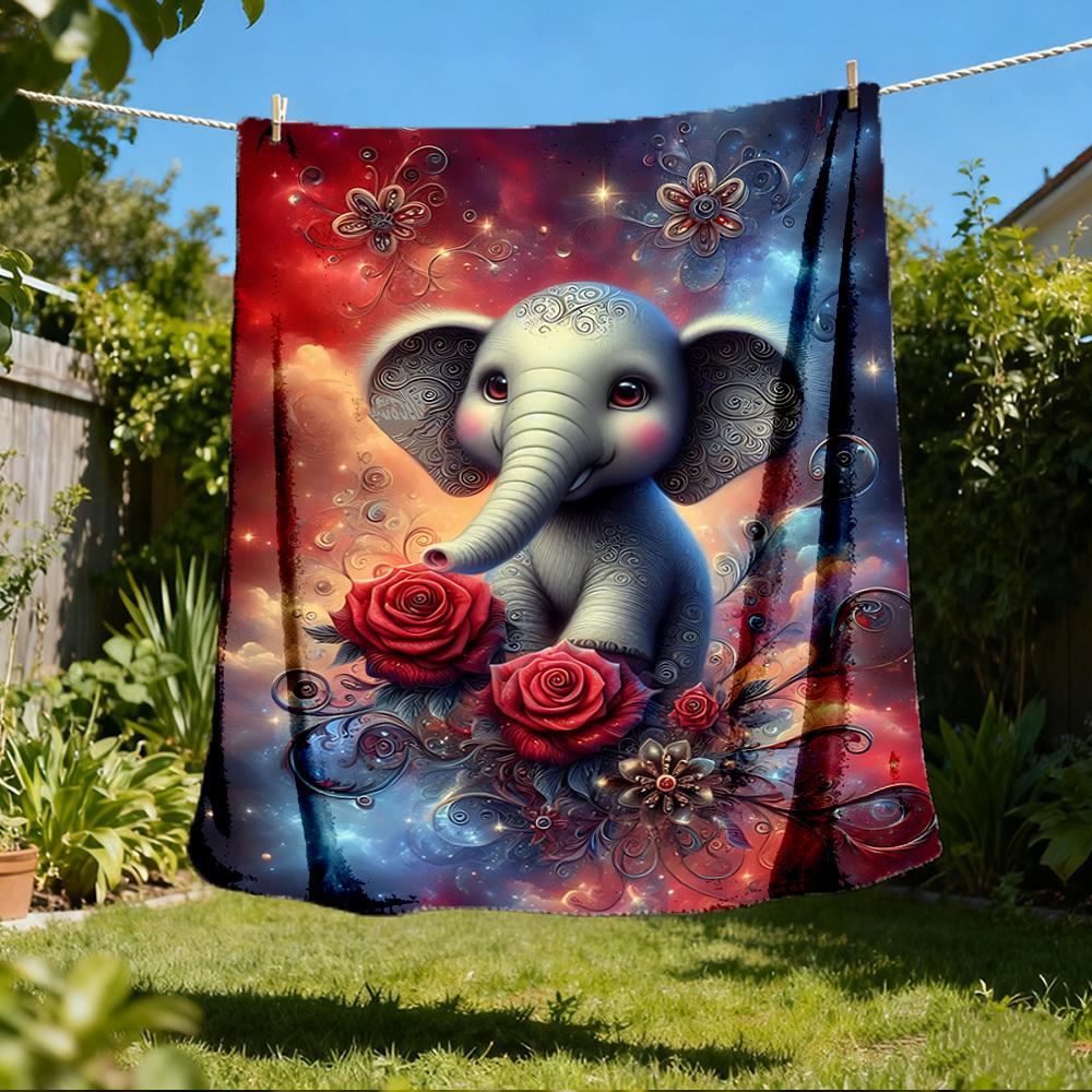 

1pc Elephant Roses Fantasy Outdoor Flannel Blanket , Machine Washable Perfect Gift for Birthday , Holiday Travel Accessory , Durable Material 80x120cm
