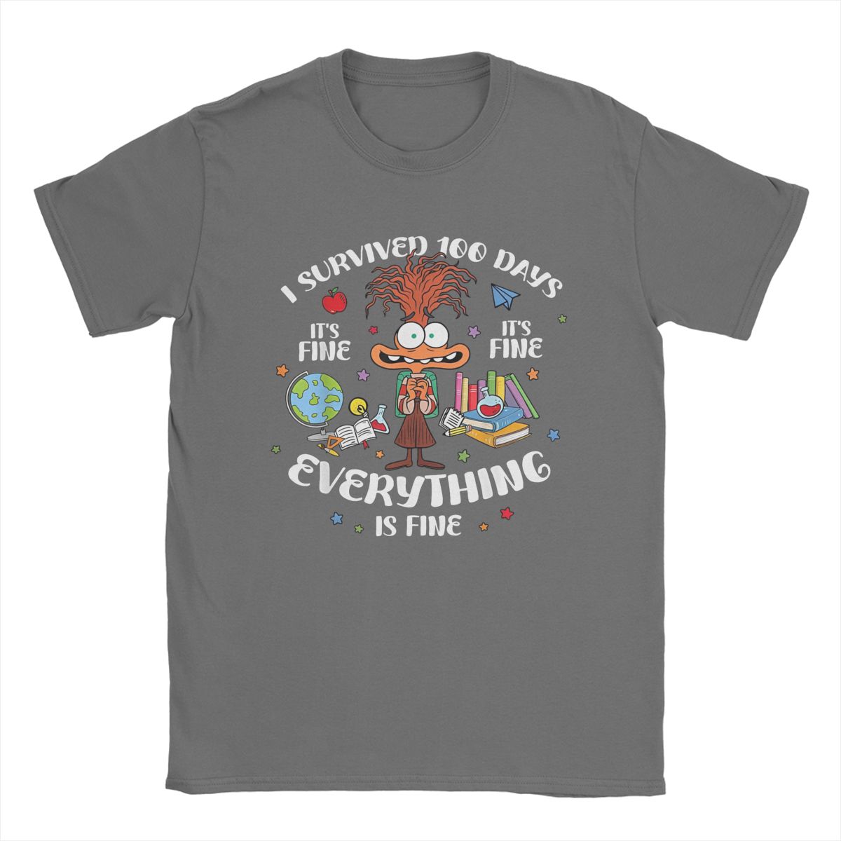 

Inside Out I Survived 100 Days Of School T Shirts Men s Cotton Funny T-Shirt Round Collar Anxiety It s Fine Tees Clothes Classic 4XL