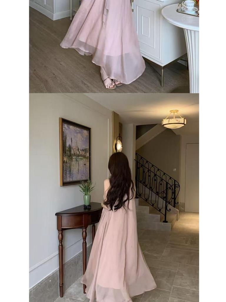 Design-Sense Floral Halter Neck Sleeveless Dress - Gentle Summer French Style Off-Shoulder Long Skirt