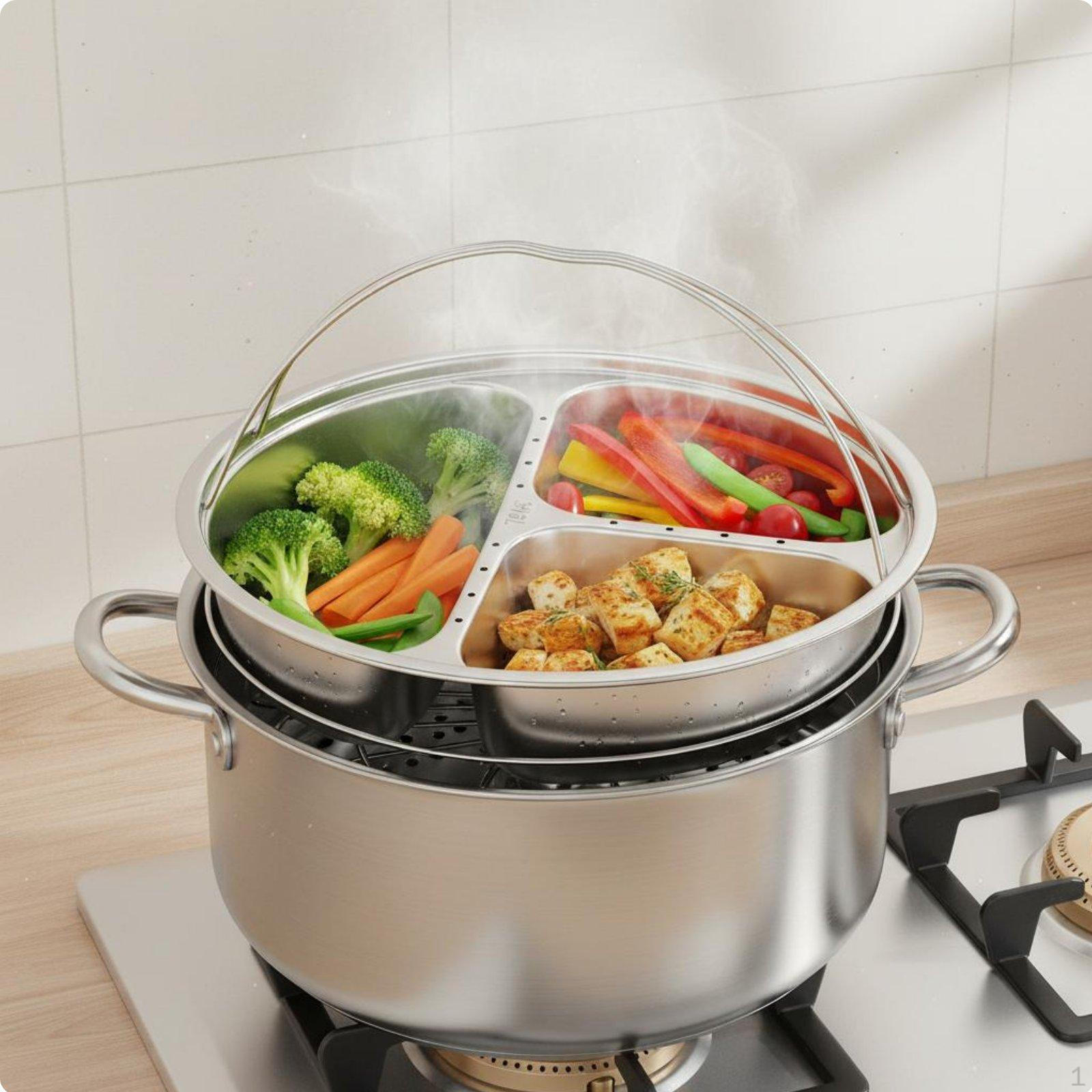 Divided Steamer Plate Prevents Flavor Mixing Round Portion Control Construction Stainless