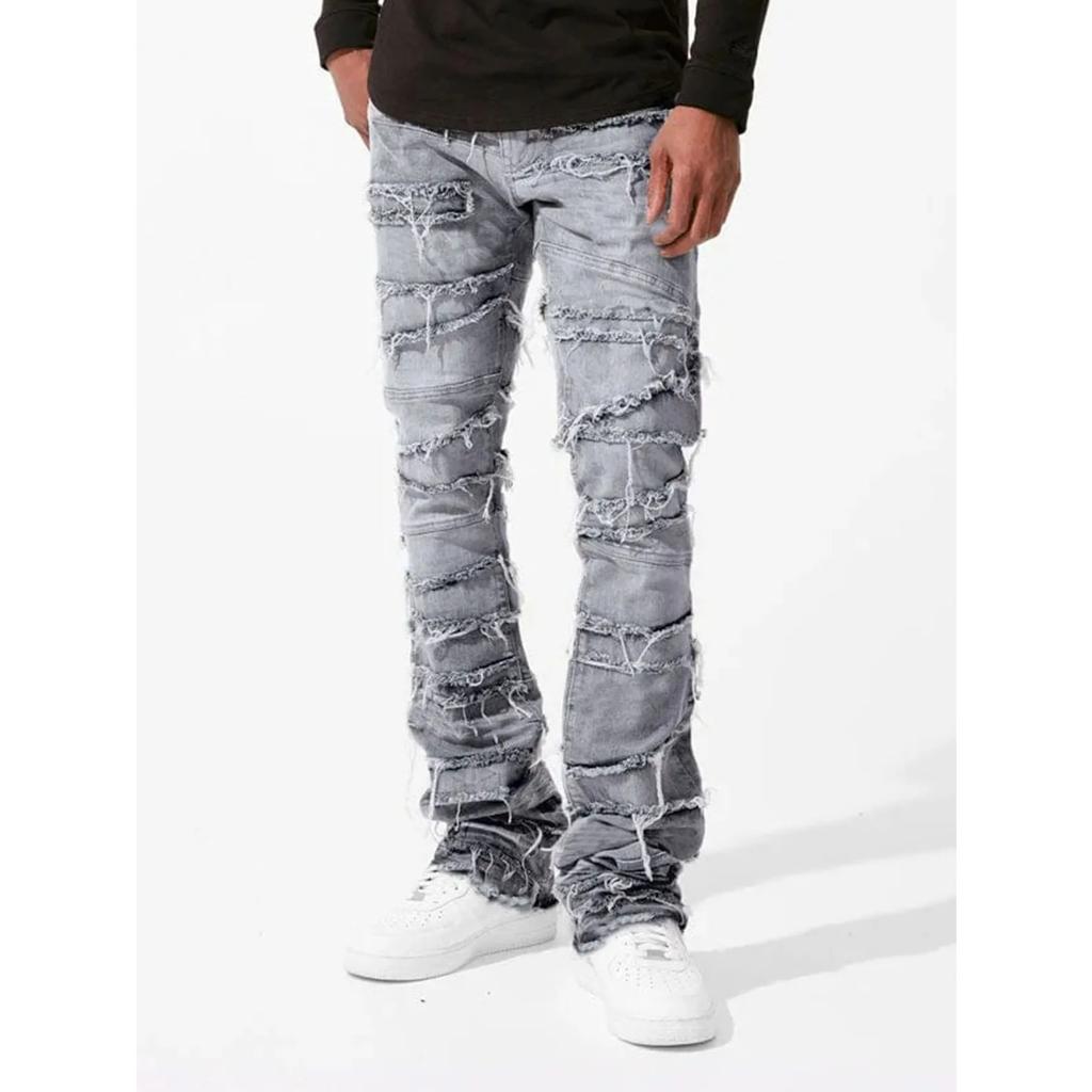 DRIPX New Stacked Jeans Men Patchworks Spliced Denim Ripped Wash Frayed Pants Male's Streetwear Men‘s Tassel Motorcycle Jeans
