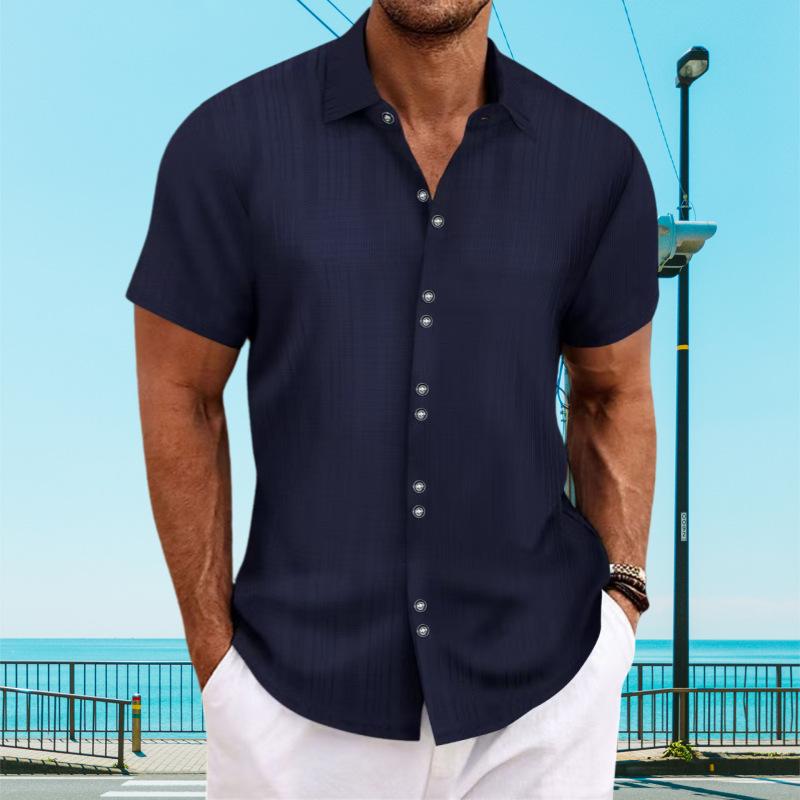 Mens Light Blue Textured Button Down Shirt Casual Striped Short Sleeve Summer Top