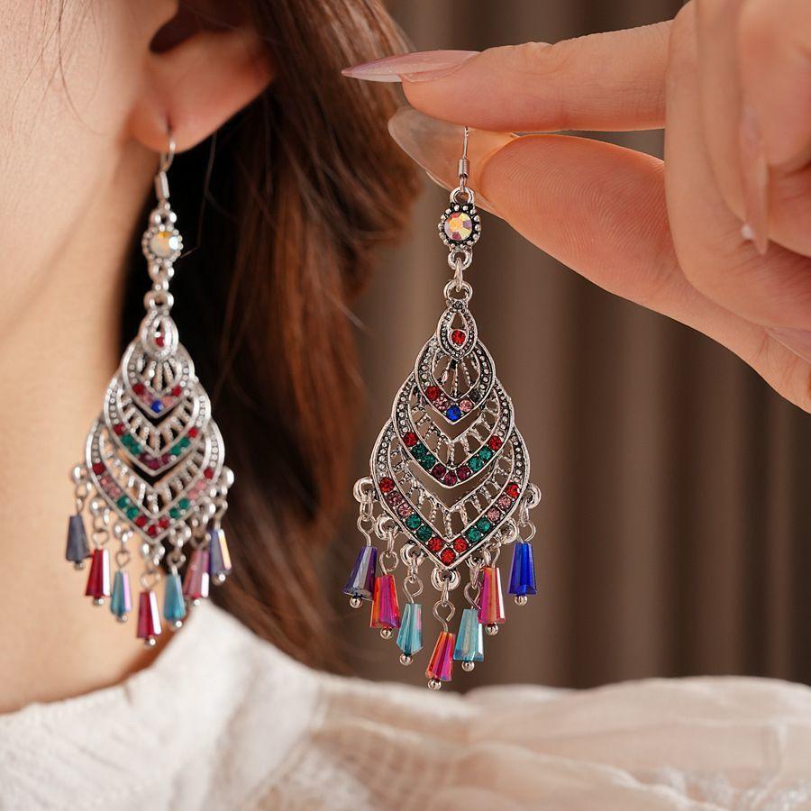 Náušnice s třásněmi ve tvaru kapky vody s dřevěnými korálky Silver Needle Etnický styl Retro Jednoduché puzetové náušnice Temperamentní náušnice Dámské Niche