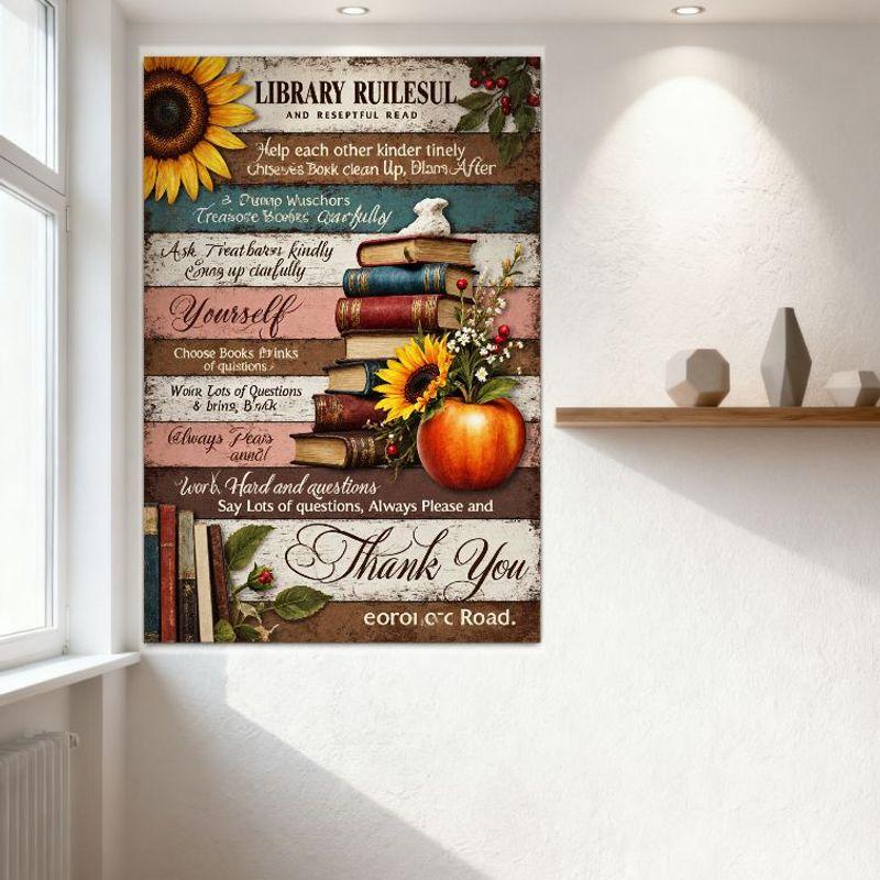 Rustic 'Library Rules - Respectful Read' Metal Tin Sign, Vintage Sunflower Rabbit Books Apple Decor, Home Office Cafe Bar Man Ca