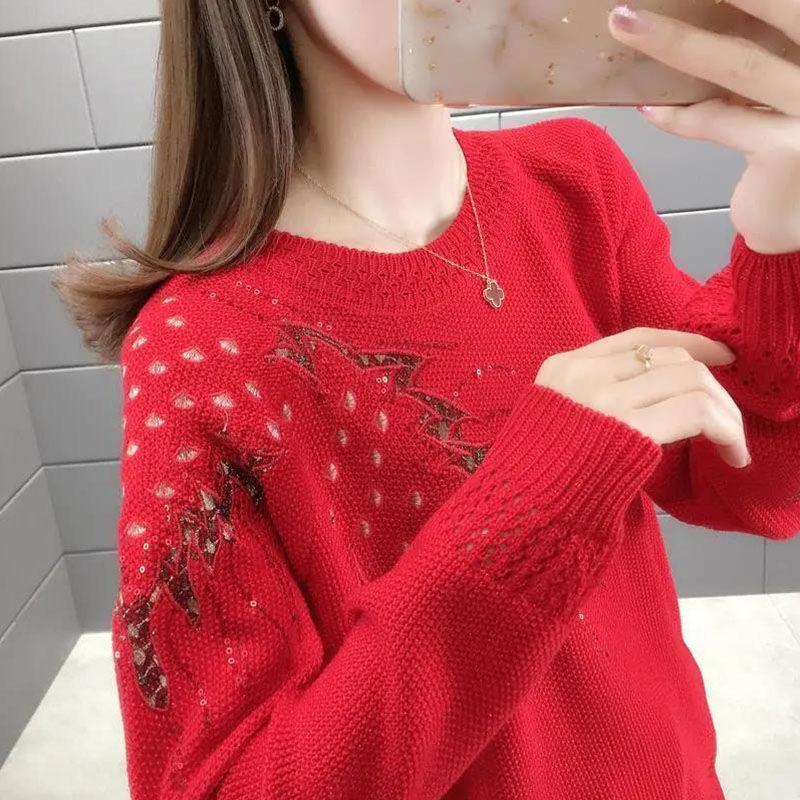 Loose spring and autumn women's hollow topShort round neck embroidered knitted sweater versatile and fashionable base shirt
