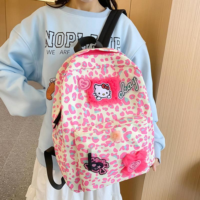 Joli Sac à Dos Cartoon Imprimé Léopard Kt Mignon Rose Grande Capacité Sac d'École Étudiant Y2K Coréen Décontracté Oxford