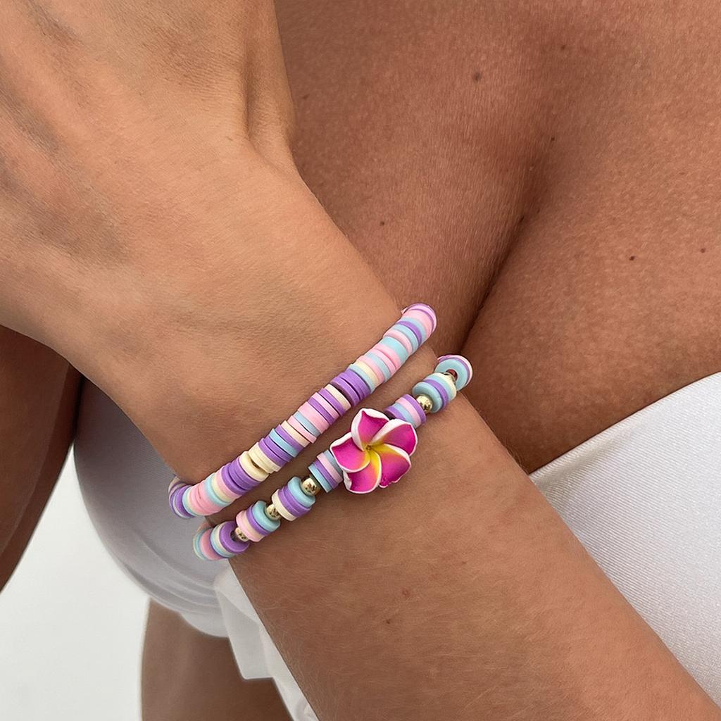 Cross Mirror Bohemian Soft Pottery Flower Elastic Bracelet, Beach Vacation Colorful Beaded Bracelets For Women