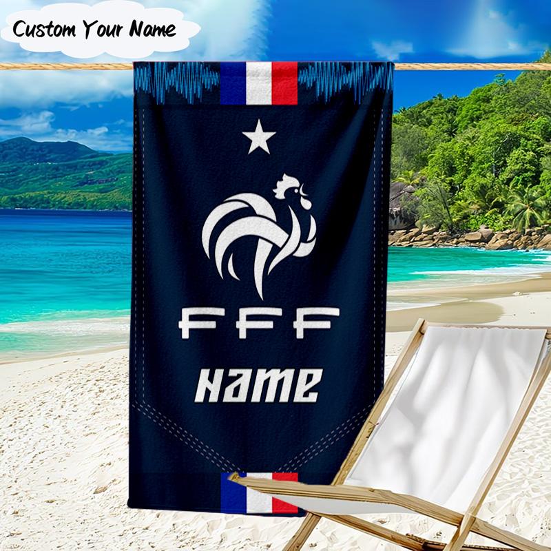 1PC Custom Name Beach Towel France Football Crest Beach Towel, Suitable for Camping, Travel, Beach Accessories, Super Absorbent, Family Gift