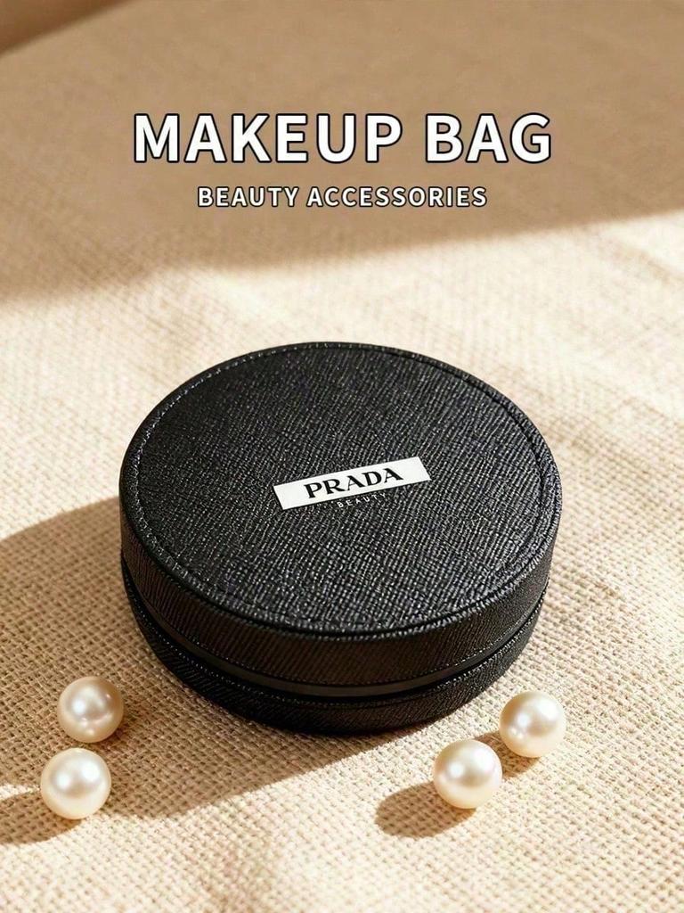 Prada Beaute Black Round Zipper Makeup Bag, Mini Cosmetic Storage Pouch