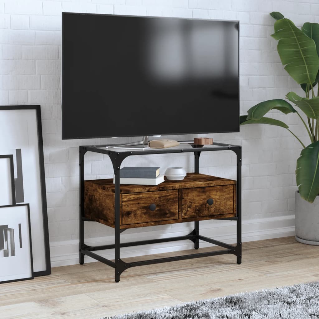 TV Cabinet with Glass Top Smoked Oak Finish 60 x 35 x 51 cm Engineered Wood