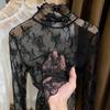 Lace turtleneck bottoming shirt women's autumn and winter, annual hollow thin mesh shirt with apricot long-sleeved top