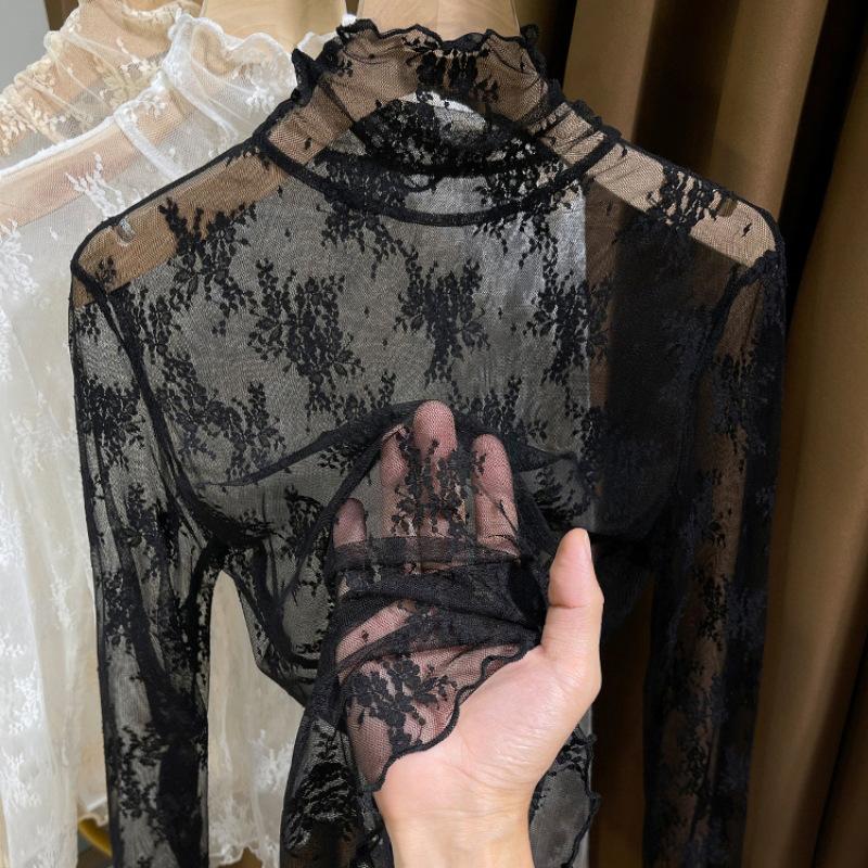 

Lace turtleneck bottoming shirt women s autumn and winter, annual hollow thin mesh shirt with apricot long-sleeved top XL
