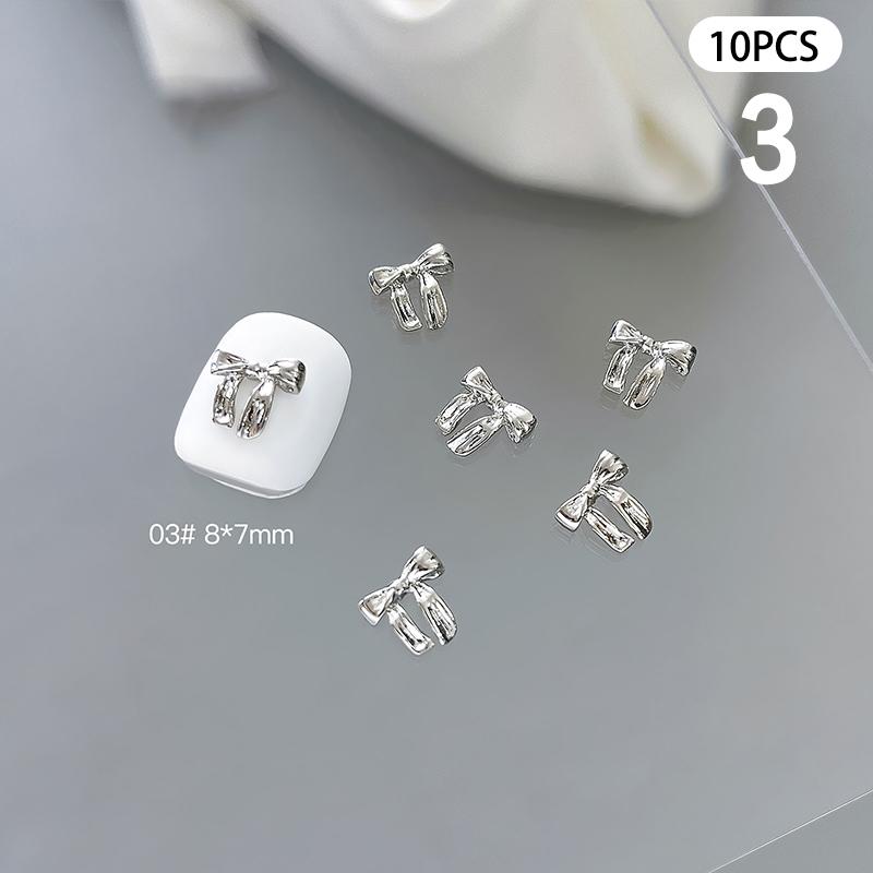 10 Pcs Glossy Silver Ribbon Nail Art Charm 3D Metal Alloy Bows Silk Ribbon Nail Decoration Diy Retro Metallic Nail Accessories