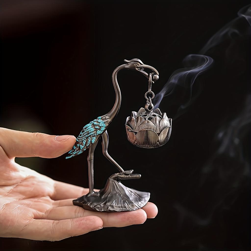 1Pc Elegant Crane & for Lotus Flower Incense Burner - Metal, Home Decor Accent with Creative Line Incense Holder