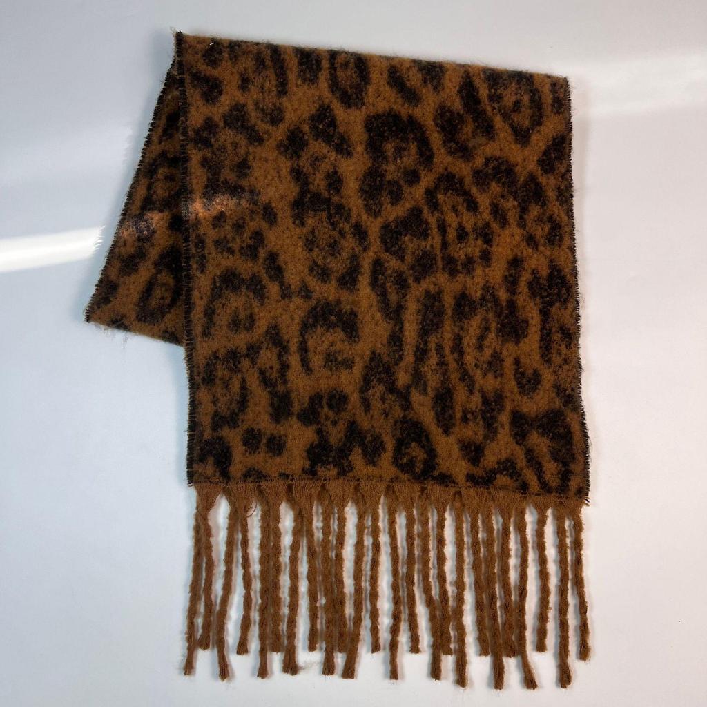 Leopard Print Thickened Cashmere Imitation Scarf with Tassels - Women's Autumn/Winter Versatile Warm Shawl