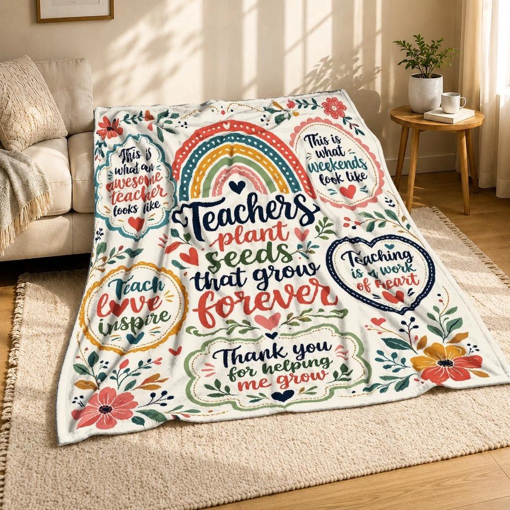 Teacher Rainbow Quote Collage Plush Throw Blanket Classroom Gift