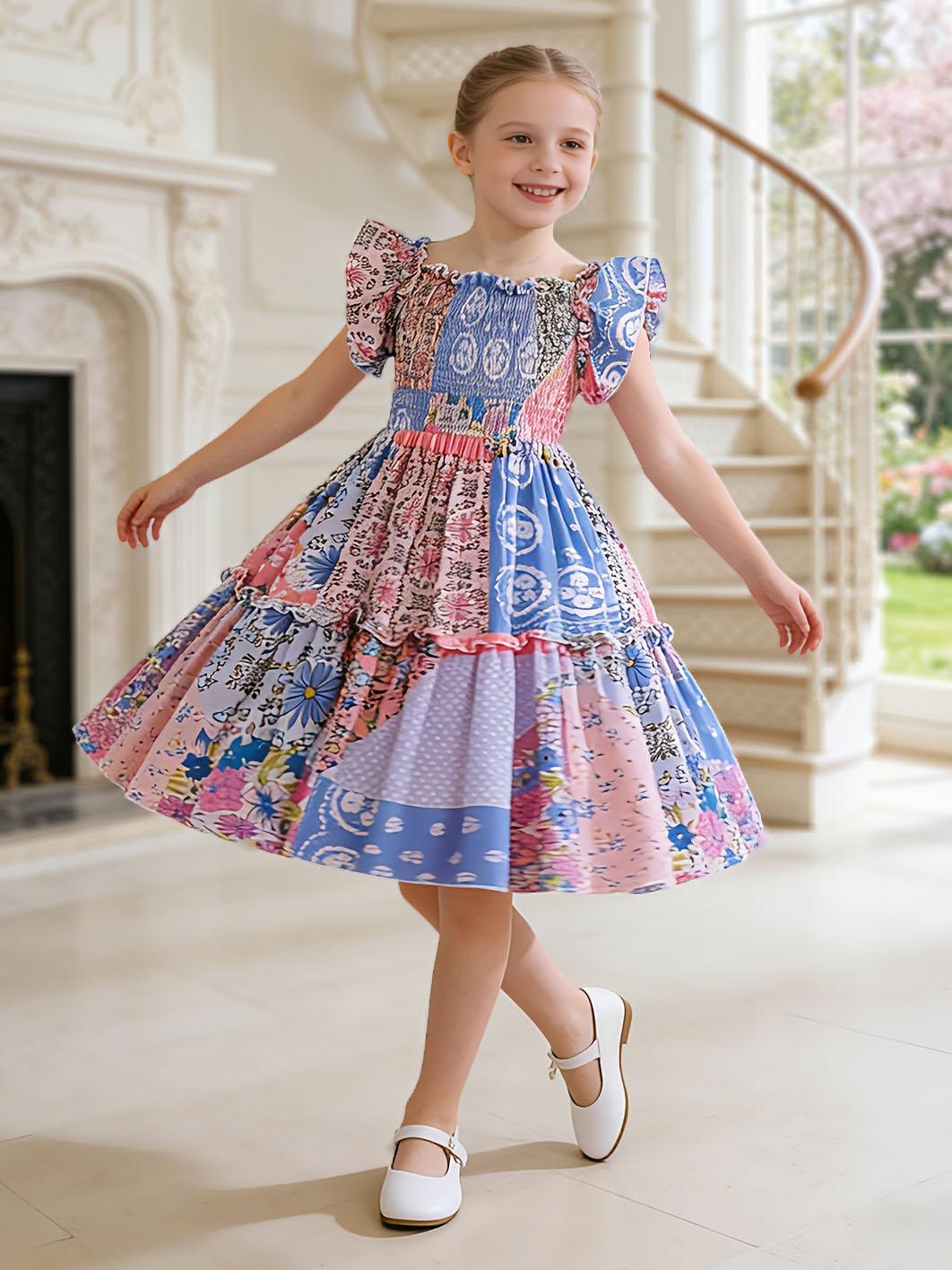 Girls Boho Patchwork Smocked Dress, Flutter Sleeve Vintage Floral Tiered Maxi Sundress for Big Kids 8-14 Years 8Y разноцветный