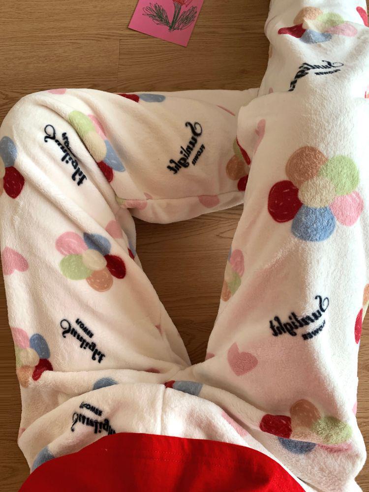 Korean Style Women's Fleece Pajama Pants - Flannel Cartoon Design for Autumn and Winter