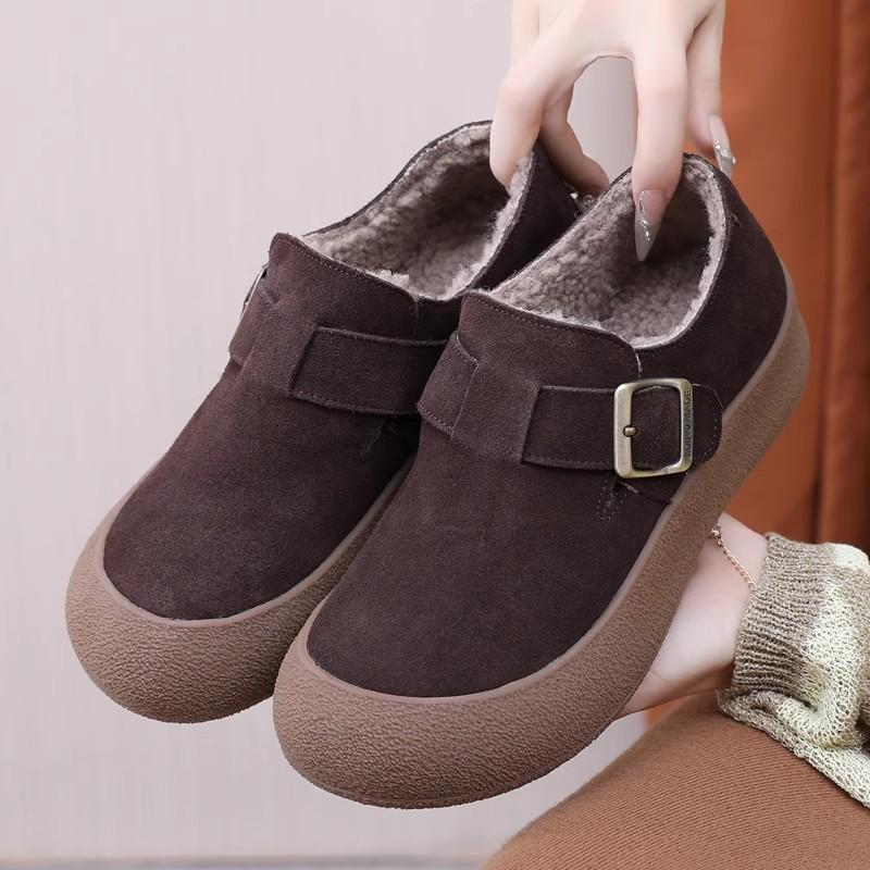 

Fashion GKTINOO Winter Shoes Women Cow Suede Round Toe Buckle Design Warm Short Plush ladies Flat Shoes Handmade 225