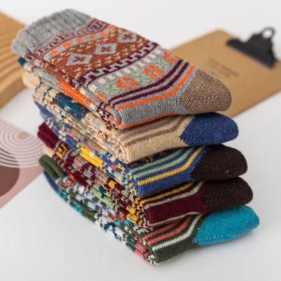 Men's Ethnic Style Wool Mid-Calf Socks - Double-Way, Warm & Thick for Autumn/Winter