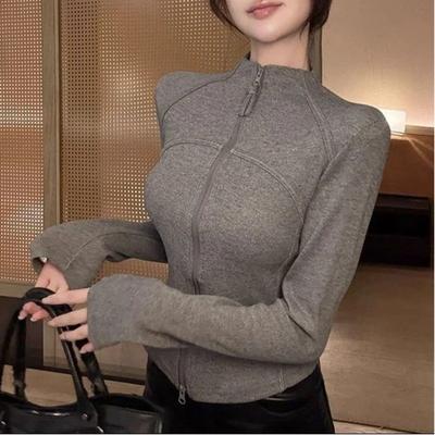 New Spring and Autumn Tight-fitting Solid Color Stand-up Collar Sweatshirt Jacket for Women with Long-sleeved Zipper Design Niche Cardigan Top