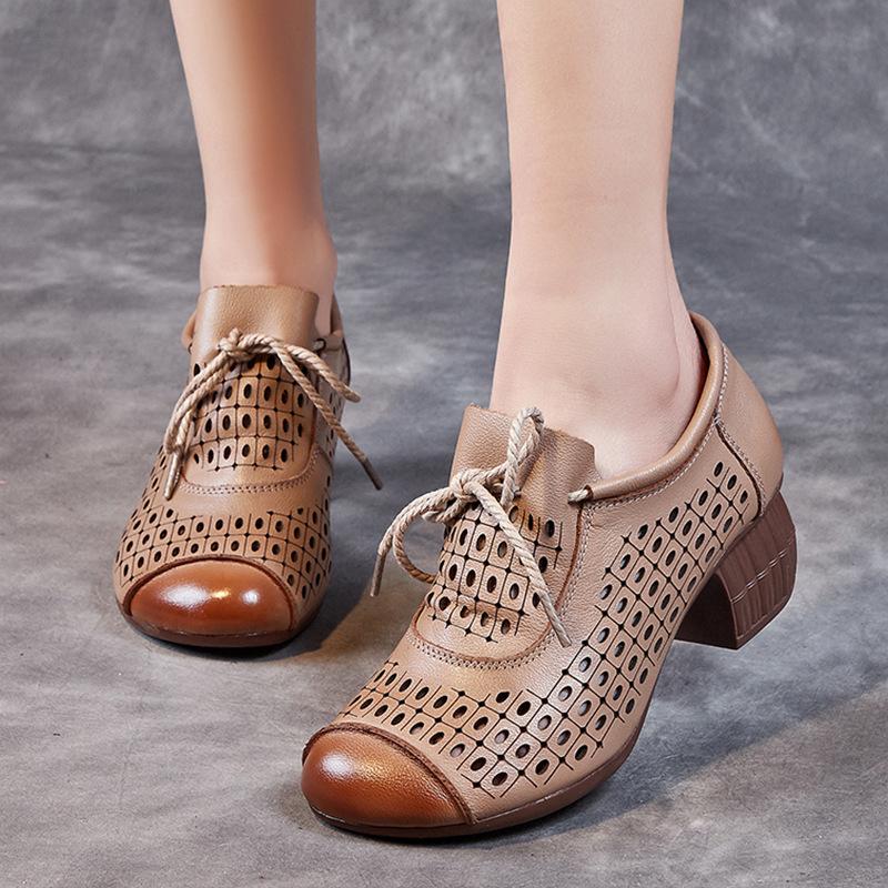 Retro women's shoes summer hollow breathable sandals women's head layer cowhide high heel soft sole non-slip hole shoes women's sandals
