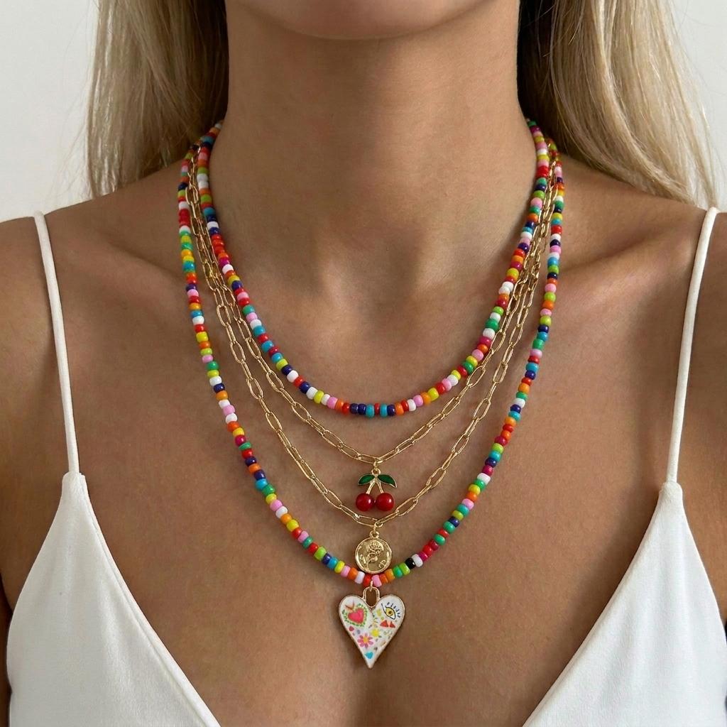 Boho Colorful Flower Fabric Scarf Necklace for Women Minimalist Ceramic Beaded Adjustable Necklace Charms Stackable Jewelry