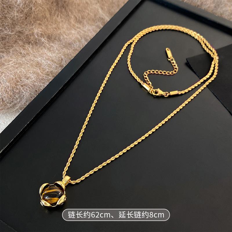 European and American retro coffee color tiger's eye stone beaded pearl necklace light luxury niche collarbone chain temperament advanced sense