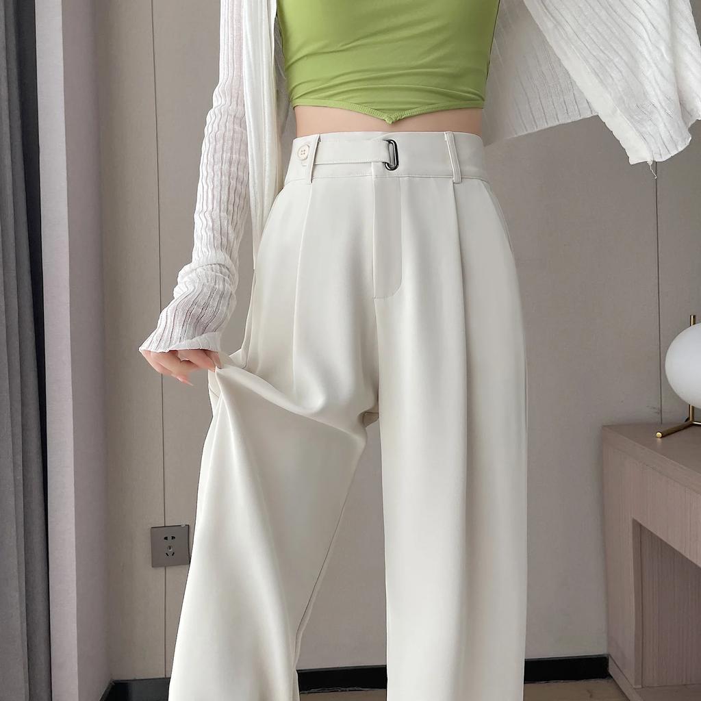Solid Color High Waist Loose Trousers FemaleSeoulish Summer Women's Casual Pants Wide Leg Pants Elegant Office Lady