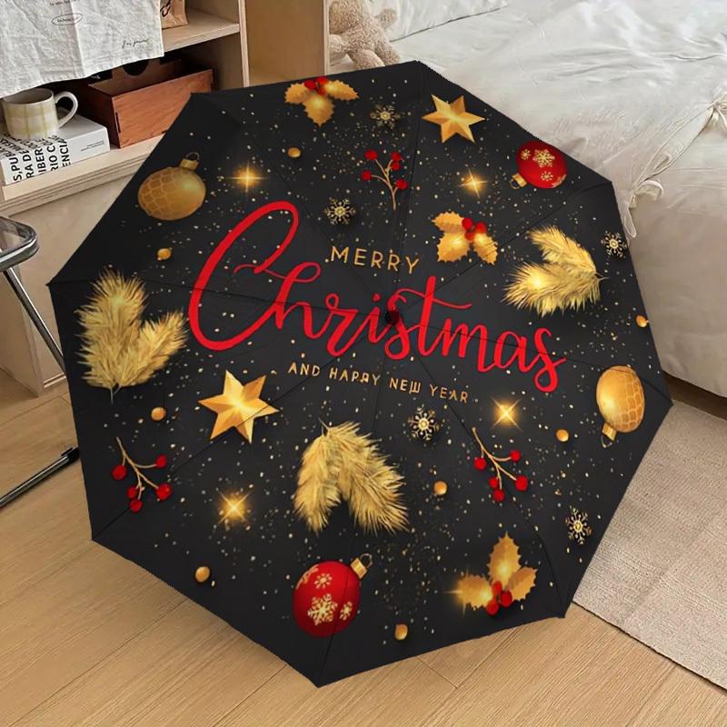 1pc Christmas Wreath Gold Glitter Umbrella with Plastic Handle,Suitable for All Seasons Home Travel Outdoor UmbrellaDD494
