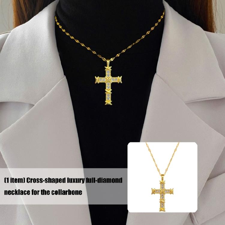 Contemporary Crucifix Shaped Necklace Crystal Embellishments Hypoallergenically Titanium Alloy Jewelry Gift