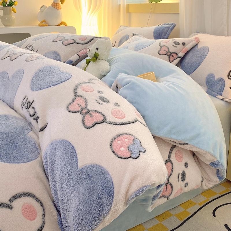 Snowflake Fleece Four-Piece Set, Thickened Milk Coral Fleece Quilt Cover, Double-Sided Fleece Quilt Cover, Bed Sheet, Bed Hat Three-Piece Set