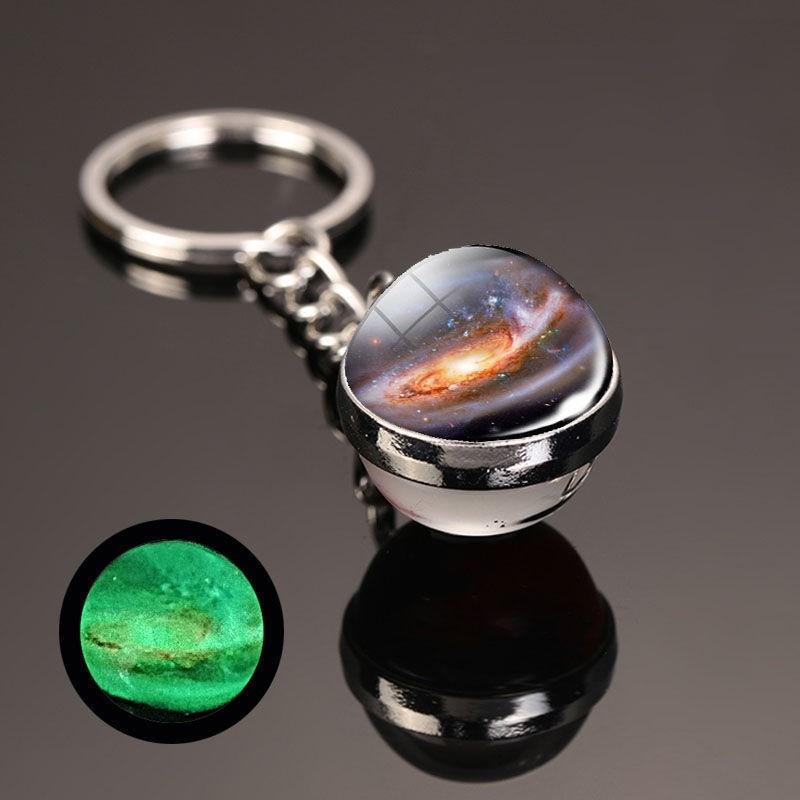 Luminous Sun Nine Planets Jupiter Milky Way Galaxy Keychain Pendant Round Double Sided Earth Keychain Bag Hanging Decor