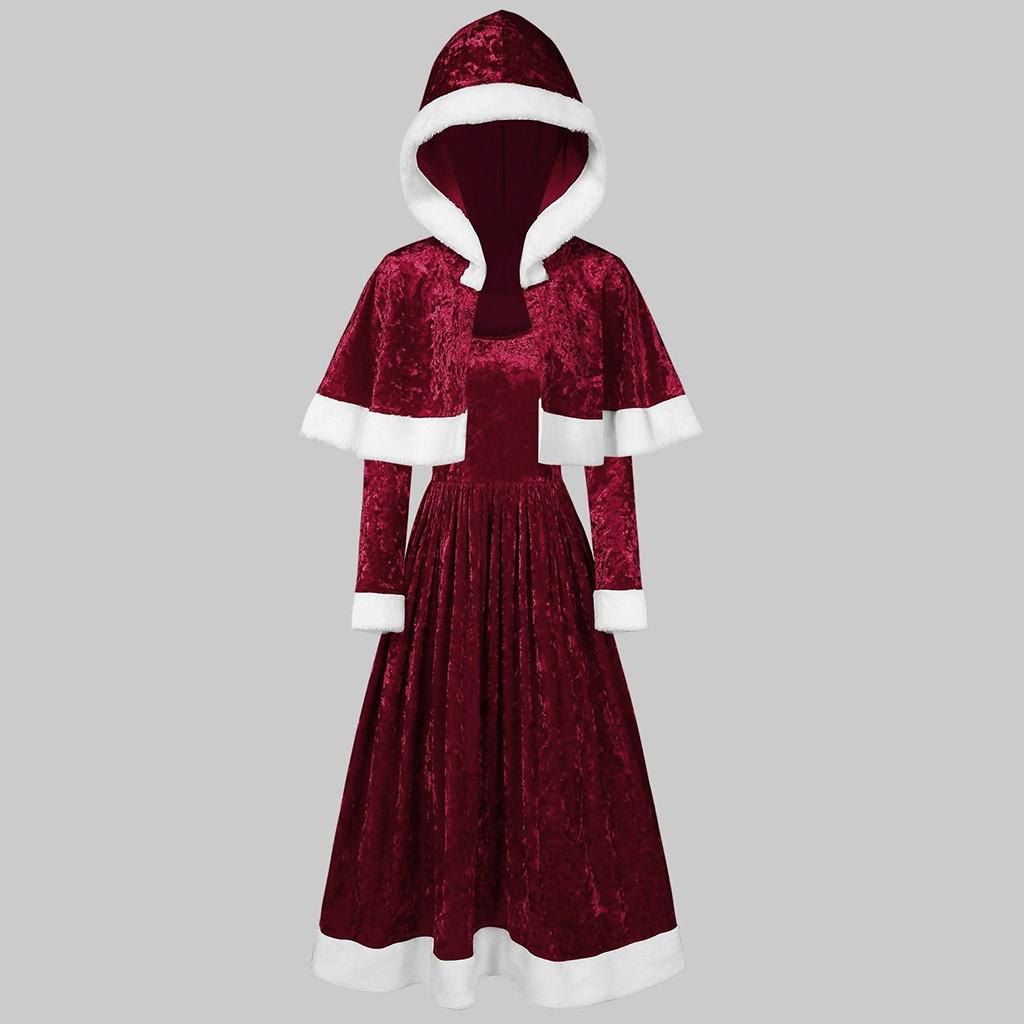 Womens Merry Christmas Velvet Long Sleeve  Festival Dress And Hooded Cape