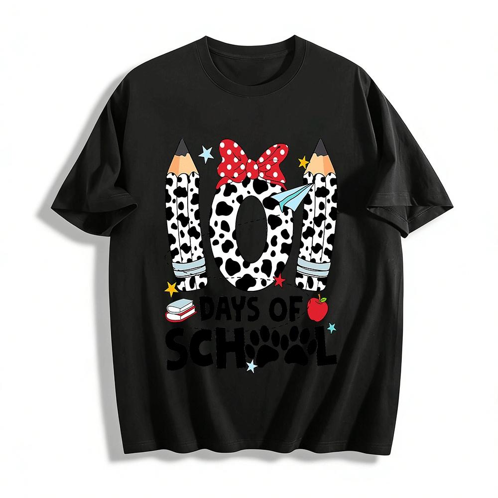 

100 Days of School Cow Print Pencil Bow Kids Adults Top Pure cotton T-shirt XXS