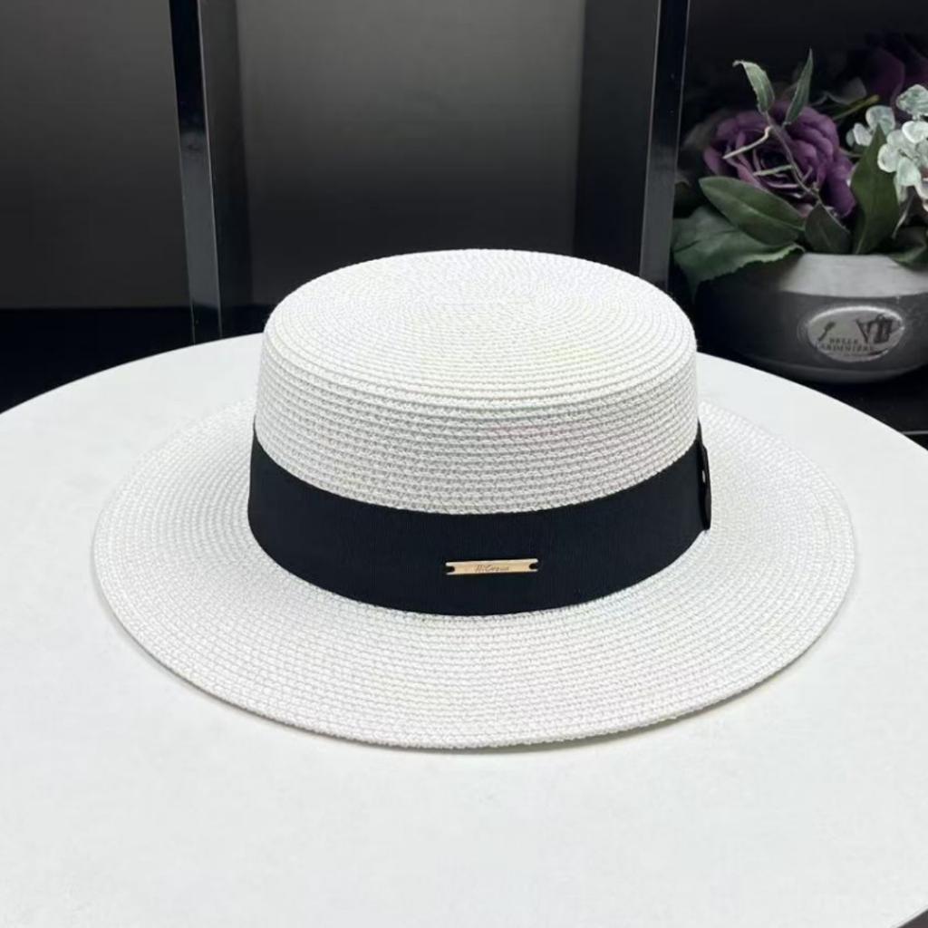 European French Celebrity Small Along Flat Top Straw Top Hat Women's Summer Travel Shade Sun Protection British Versatile Small Basin Hat
